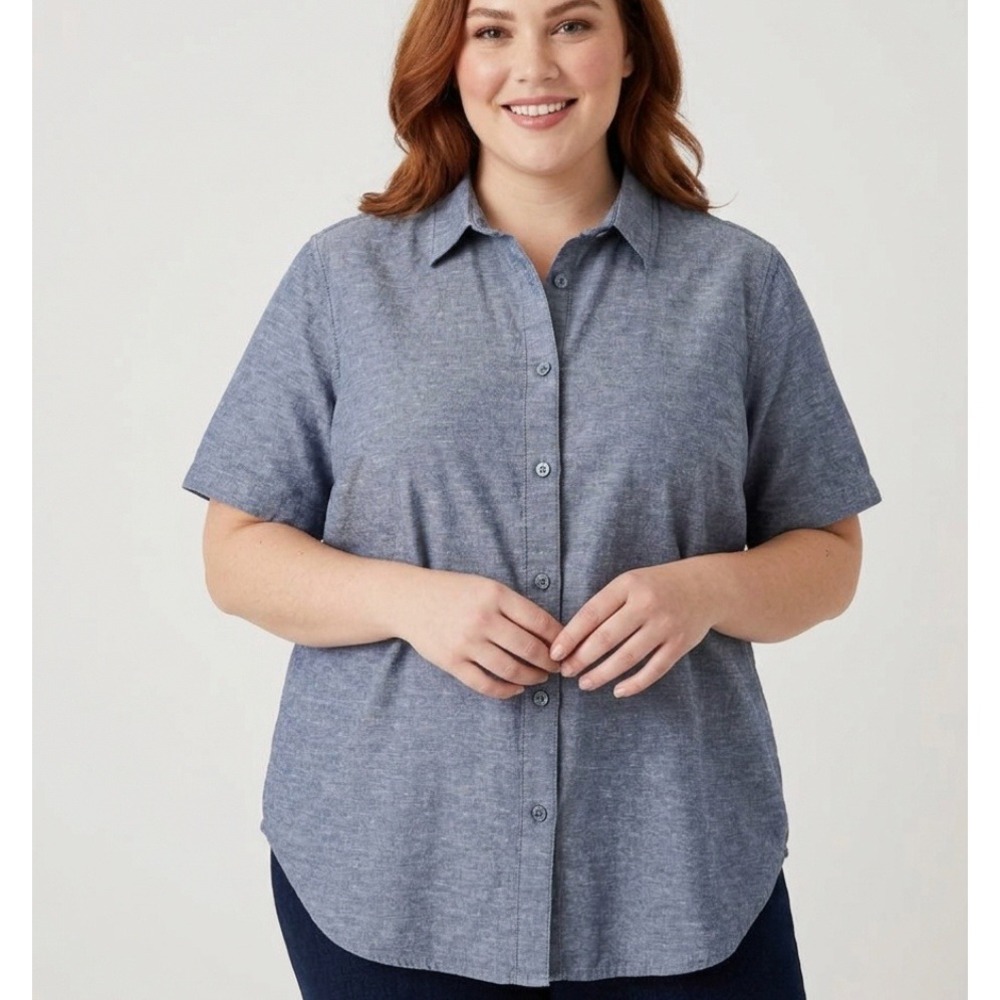 Joe Fresh Womens XL Blue Cotton Linen Blend Short Sleeve Button Down Shirt Marl